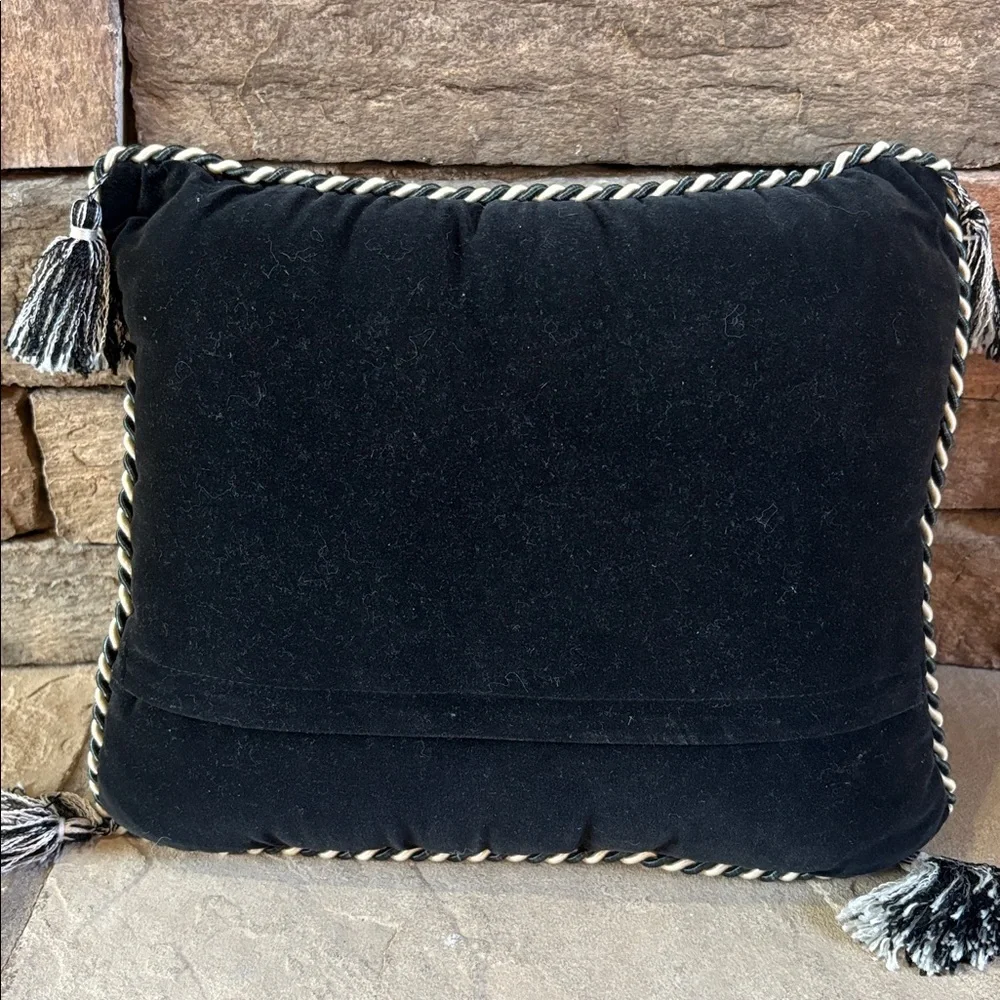 Needlepoint shoe and black velvet pillow with tassels